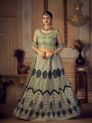 Green & White Embroidered Semi-Stitched Lehenga & Unstitched Blouse & Dupatta 4