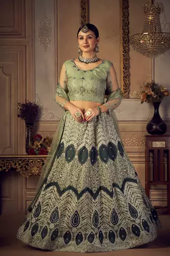 Green & White Embroidered Semi-Stitched Lehenga & Unstitched Blouse & Dupatta