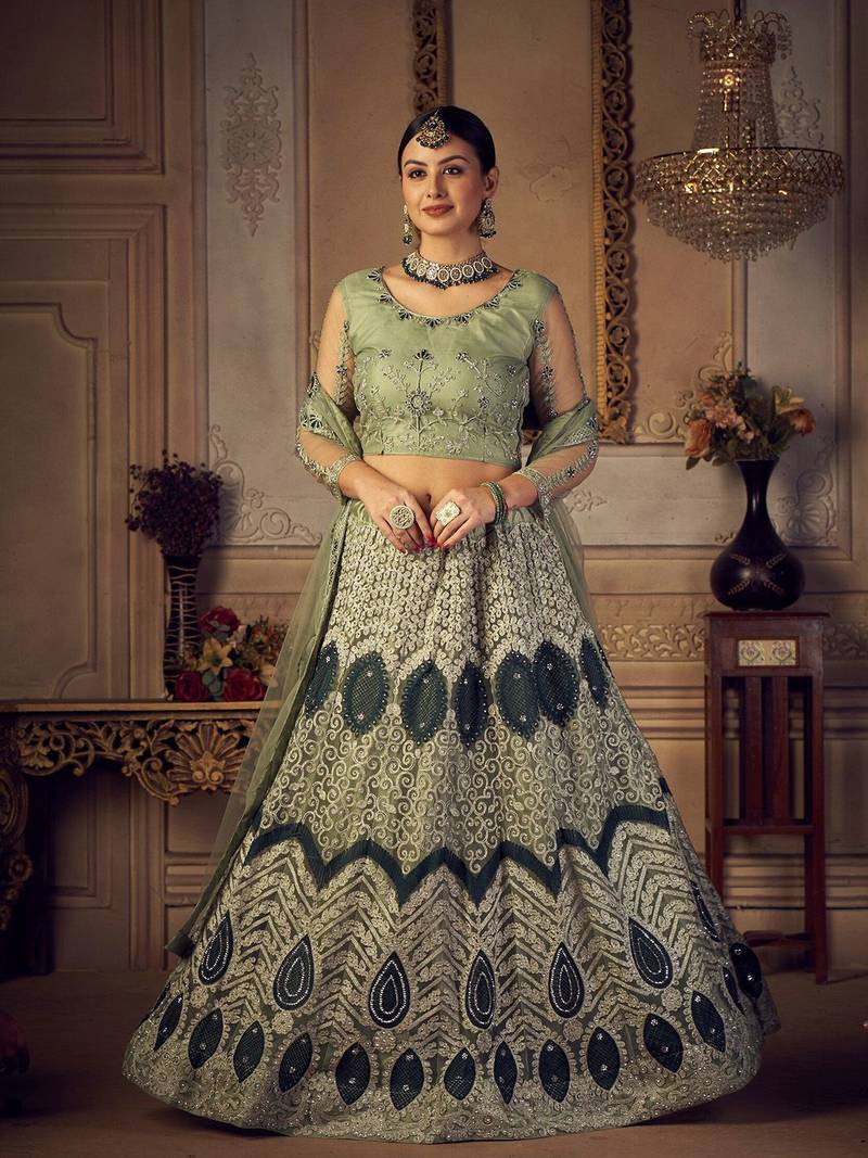 Green & White Embroidered Semi-Stitched Lehenga & Unstitched Blouse & Dupatta