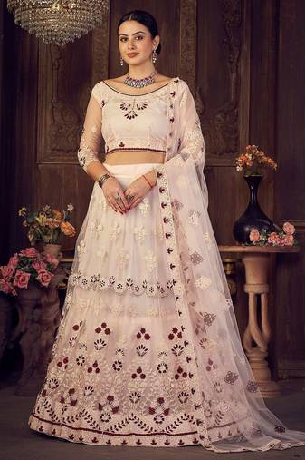 Pink & White Embroidered Semi-Stitched Lehenga & Unstitched Blouse With Dupatta