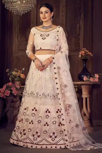 Pink & White Embroidered Semi-Stitched Lehenga & Unstitched Blouse With Dupatta