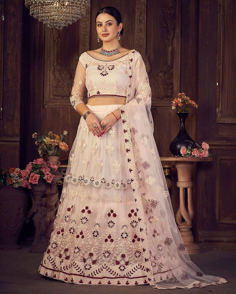 Pink & White Embroidered Semi-Stitched Lehenga & Unstitched Blouse With Dupatta