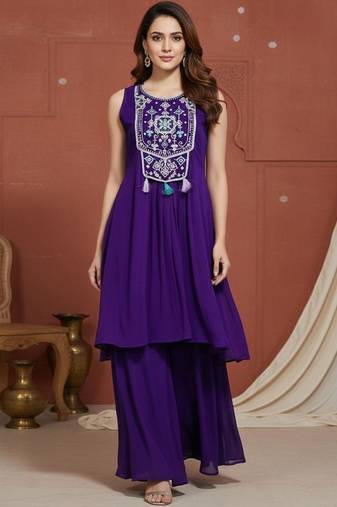 Embroidered  round neck kurta & palazzos kurta sets
