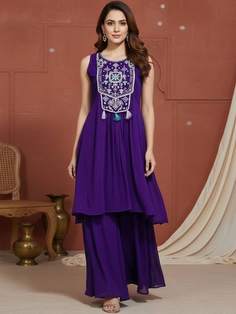 Embroidered  round neck kurta & palazzos kurta sets