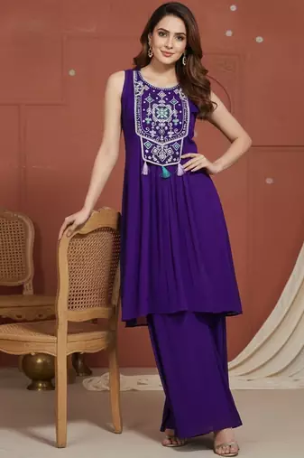 Embroidered  round neck kurta & palazzos kurta sets