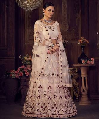 Pink & White Embroidered Semi-Stitched Lehenga & Unstitched Blouse With Dupatta 4