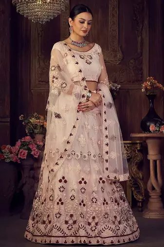 Pink & White Embroidered Semi-Stitched Lehenga & Unstitched Blouse With Dupatta
