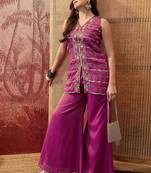 Embroidered  v-neck kurta & palazzos kurta sets