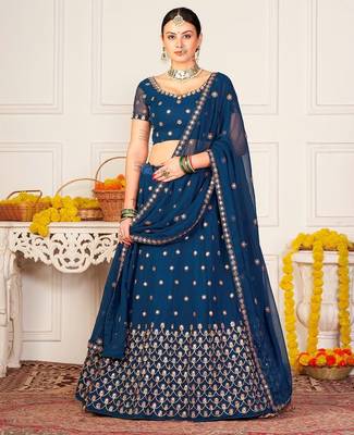 Teal Blue & Red Embroidered Semi-Stitched Lehenga&Unstitched Blouse & Dupatta 1