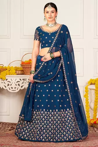 Teal Blue & Red Embroidered Semi-Stitched Lehenga&Unstitched Blouse & Dupatta