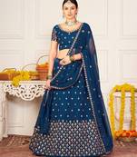 Teal Blue & Red Embroidered Semi-Stitched Lehenga&Unstitched Blouse & Dupatta