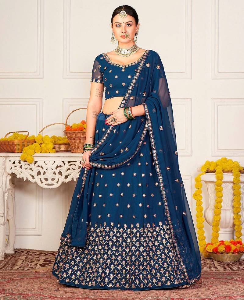 Teal Blue & Red Embroidered Semi-Stitched Lehenga&Unstitched Blouse & Dupatta