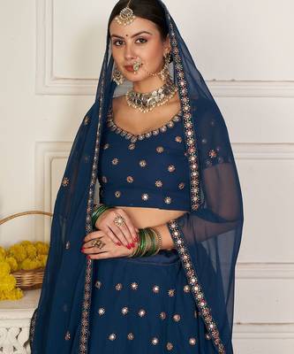 Teal Blue & Red Embroidered Semi-Stitched Lehenga&Unstitched Blouse & Dupatta 2