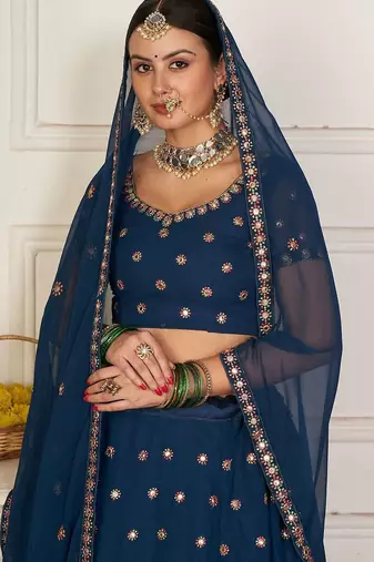 Teal Blue & Red Embroidered Semi-Stitched Lehenga&Unstitched Blouse & Dupatta