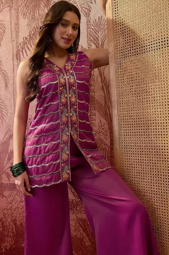 Embroidered  v-neck kurta & palazzos kurta sets
