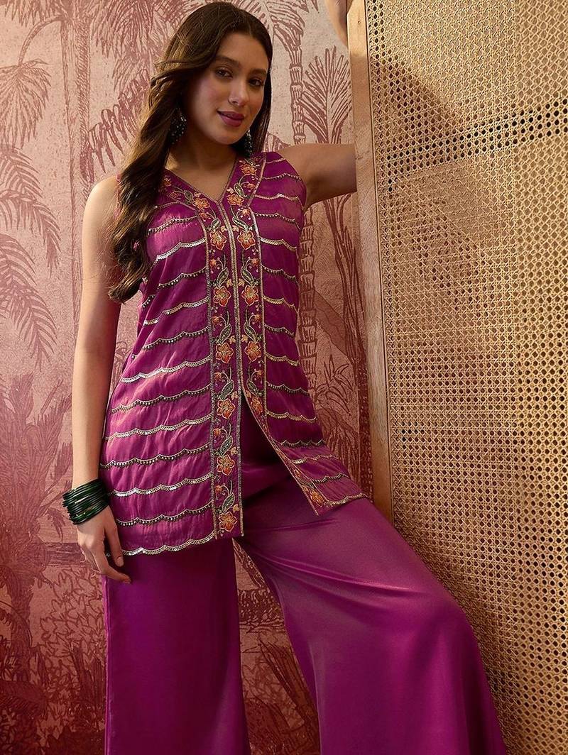 Embroidered  v-neck kurta & palazzos kurta sets