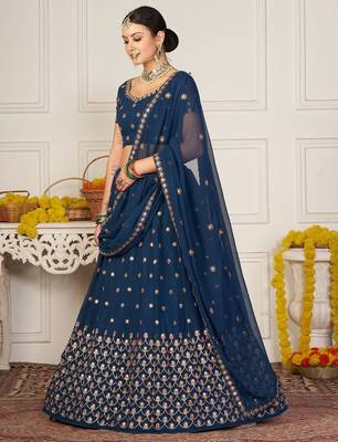 Teal Blue & Red Embroidered Semi-Stitched Lehenga&Unstitched Blouse & Dupatta 3