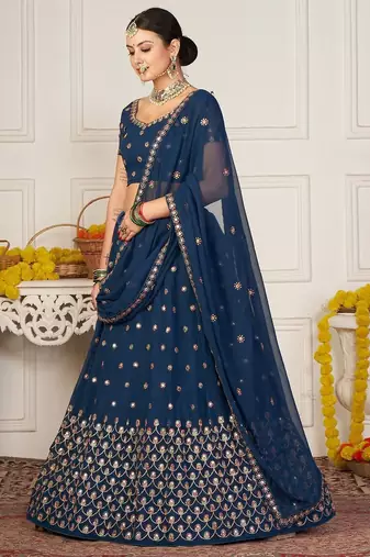 Teal Blue & Red Embroidered Semi-Stitched Lehenga&Unstitched Blouse & Dupatta