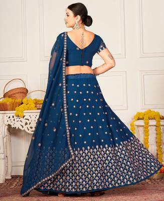 Teal Blue & Red Embroidered Semi-Stitched Lehenga&Unstitched Blouse & Dupatta 4
