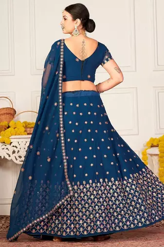 Teal Blue & Red Embroidered Semi-Stitched Lehenga&Unstitched Blouse & Dupatta