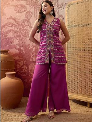Embroidered  v-neck kurta & palazzos kurta sets 5