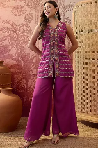 Embroidered  v-neck kurta & palazzos kurta sets