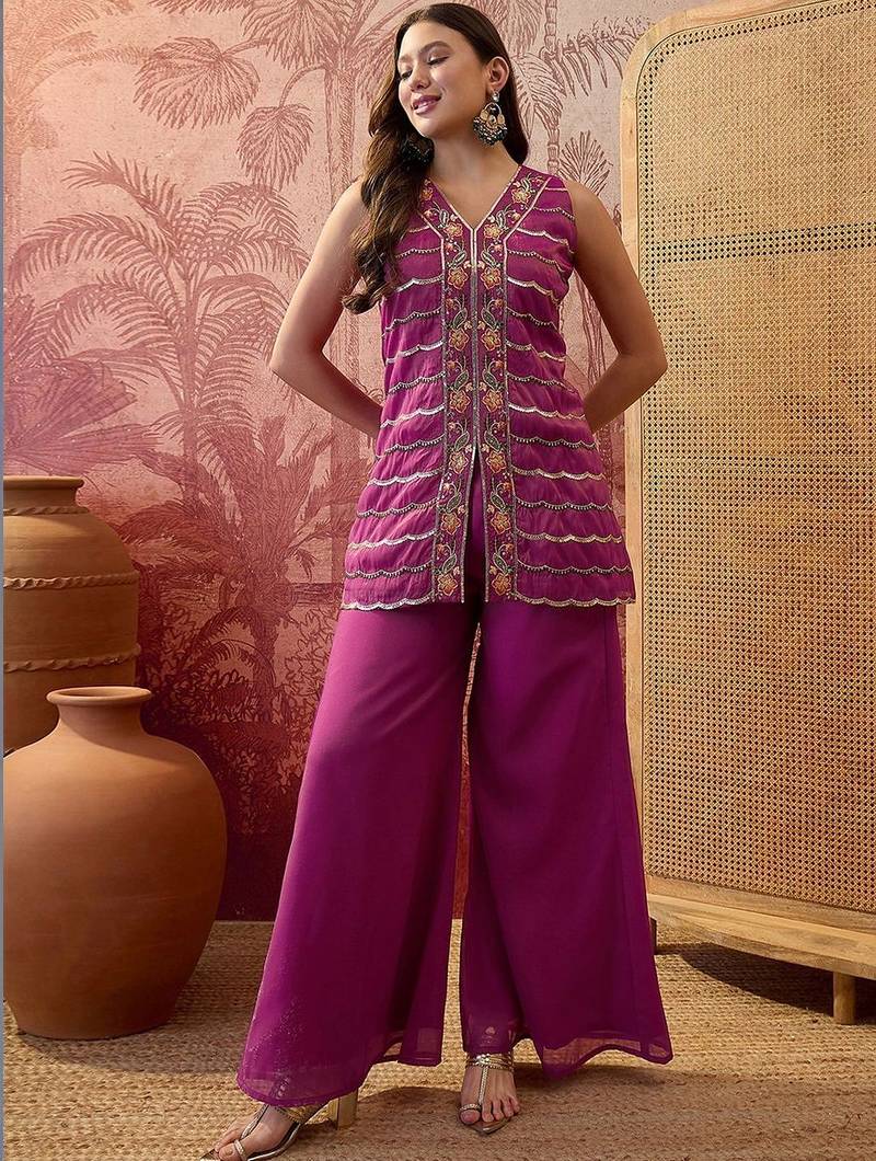 Embroidered  v-neck kurta & palazzos kurta sets