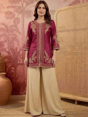 Embroidered round neck kurta & palazzos kurta set 1