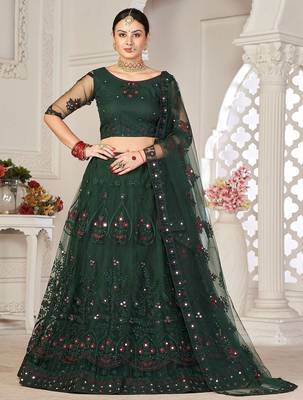 Green & White Embroidered Thread Work Semi-Stitched Lehenga & Unstitched Blouse With Dupatta 1
