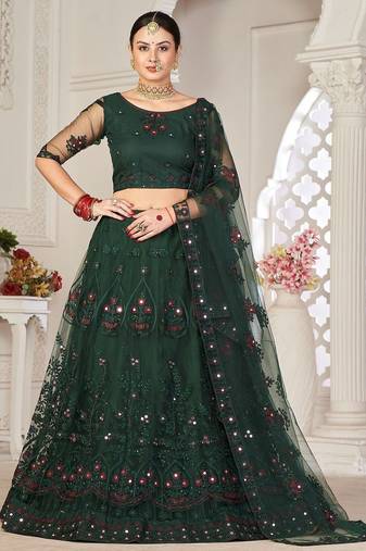 Green & White Embroidered Thread Work Semi-Stitched Lehenga & Unstitched Blouse With Dupatta