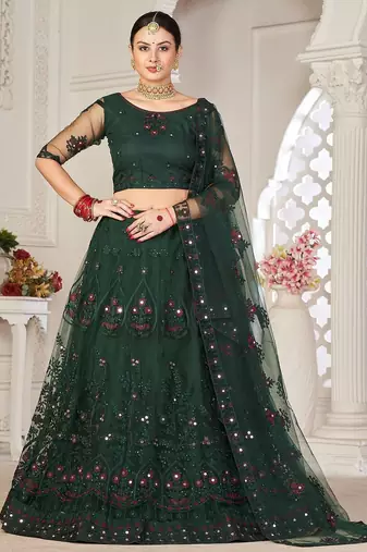 Green & White Embroidered Thread Work Semi-Stitched Lehenga & Unstitched Blouse With Dupatta