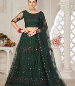 Green & White Embroidered Thread Work Semi-Stitched Lehenga & Unstitched Blouse With Dupatta