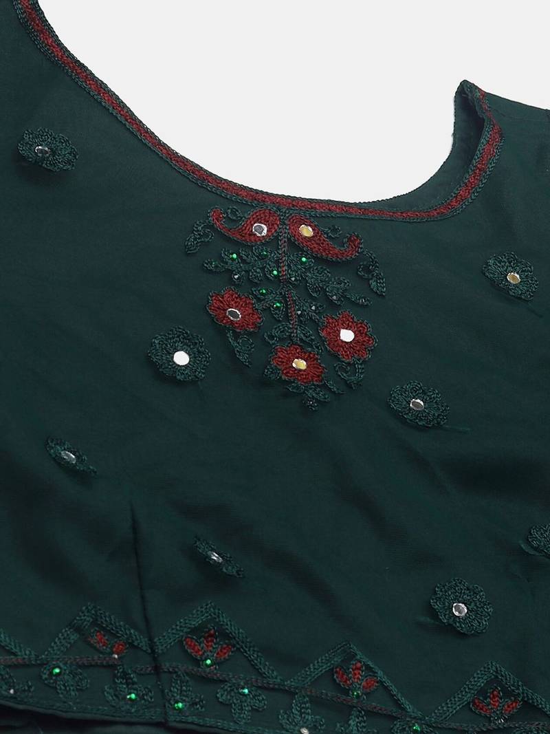 Green & White Embroidered Thread Work Semi-Stitched Lehenga & Unstitched Blouse With Dupatta