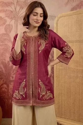 Embroidered round neck kurta & palazzos kurta set