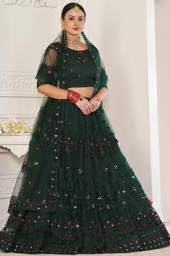 Green & White Embroidered Thread Work Semi-Stitched Lehenga & Unstitched Blouse With Dupatta