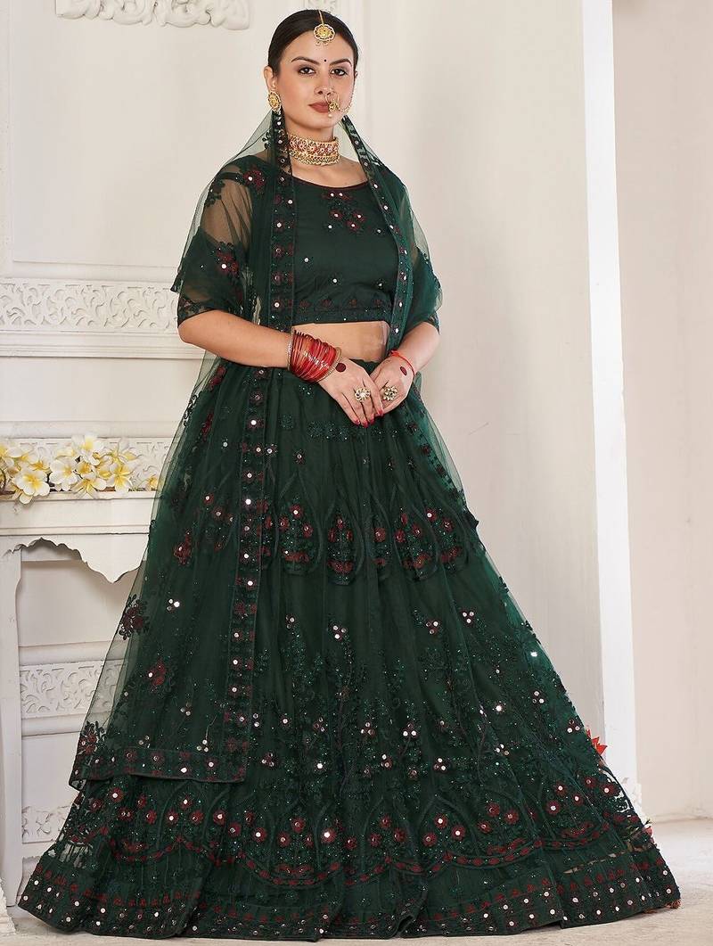 Green & White Embroidered Thread Work Semi-Stitched Lehenga & Unstitched Blouse With Dupatta