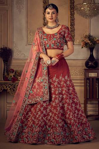 Maroon & Gold-Toned Embroidered Thread Work Semi-Stitched Lehenga & Unstitched Blouse With