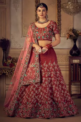 Maroon & Gold-Toned Embroidered Thread Work Semi-Stitched Lehenga & Unstitched Blouse With