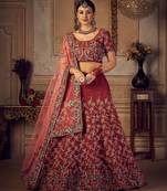 Maroon & Gold-Toned Embroidered Thread Work Semi-Stitched Lehenga & Unstitched Blouse With