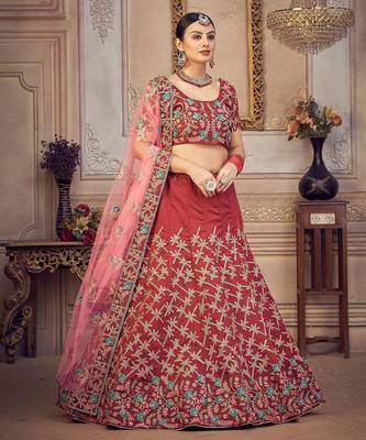 Maroon & Gold-Toned Embroidered Thread Work Semi-Stitched Lehenga & Unstitched Blouse With 3