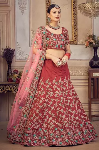 Maroon & Gold-Toned Embroidered Thread Work Semi-Stitched Lehenga & Unstitched Blouse With