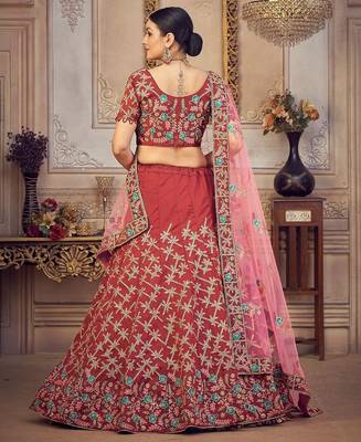 Maroon & Gold-Toned Embroidered Thread Work Semi-Stitched Lehenga & Unstitched Blouse With 4