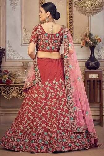 Maroon & Gold-Toned Embroidered Thread Work Semi-Stitched Lehenga & Unstitched Blouse With