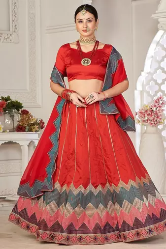 Red & Green Embroidered Thread Work Semi-Stitched Lehenga & Unstitched Blouse With Dupatta