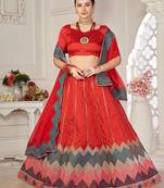 Red & Green Embroidered Thread Work Semi-Stitched Lehenga & Unstitched Blouse With Dupatta