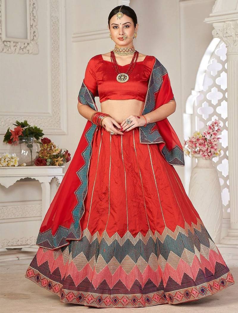 Red & Green Embroidered Thread Work Semi-Stitched Lehenga & Unstitched Blouse With Dupatta