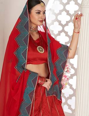 Red & Green Embroidered Thread Work Semi-Stitched Lehenga & Unstitched Blouse With Dupatta 2