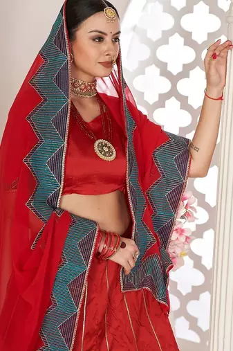 Red & Green Embroidered Thread Work Semi-Stitched Lehenga & Unstitched Blouse With Dupatta