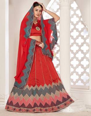Red & Green Embroidered Thread Work Semi-Stitched Lehenga & Unstitched Blouse With Dupatta 3