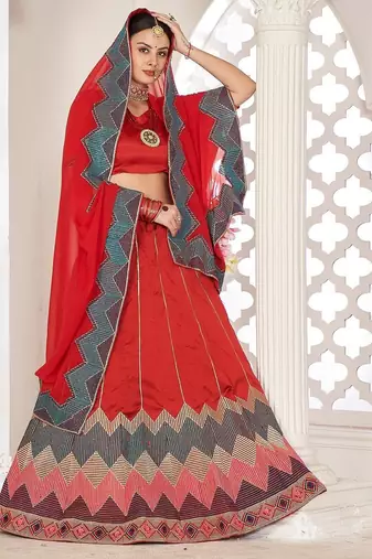 Red & Green Embroidered Thread Work Semi-Stitched Lehenga & Unstitched Blouse With Dupatta